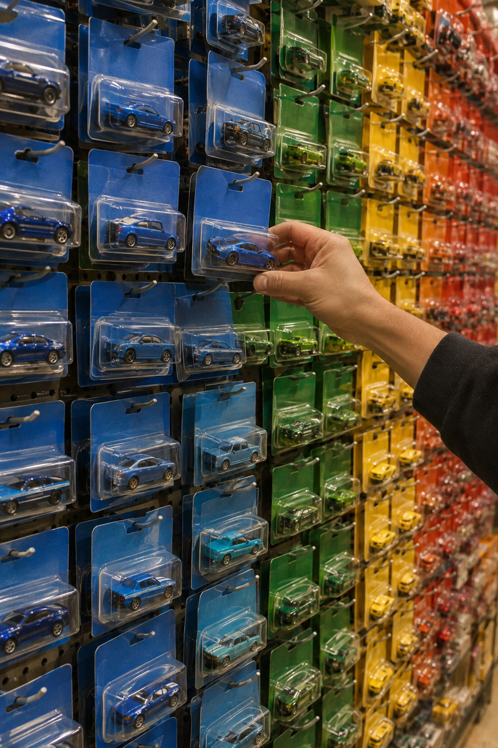 Shelves full of carded die-cast cars
