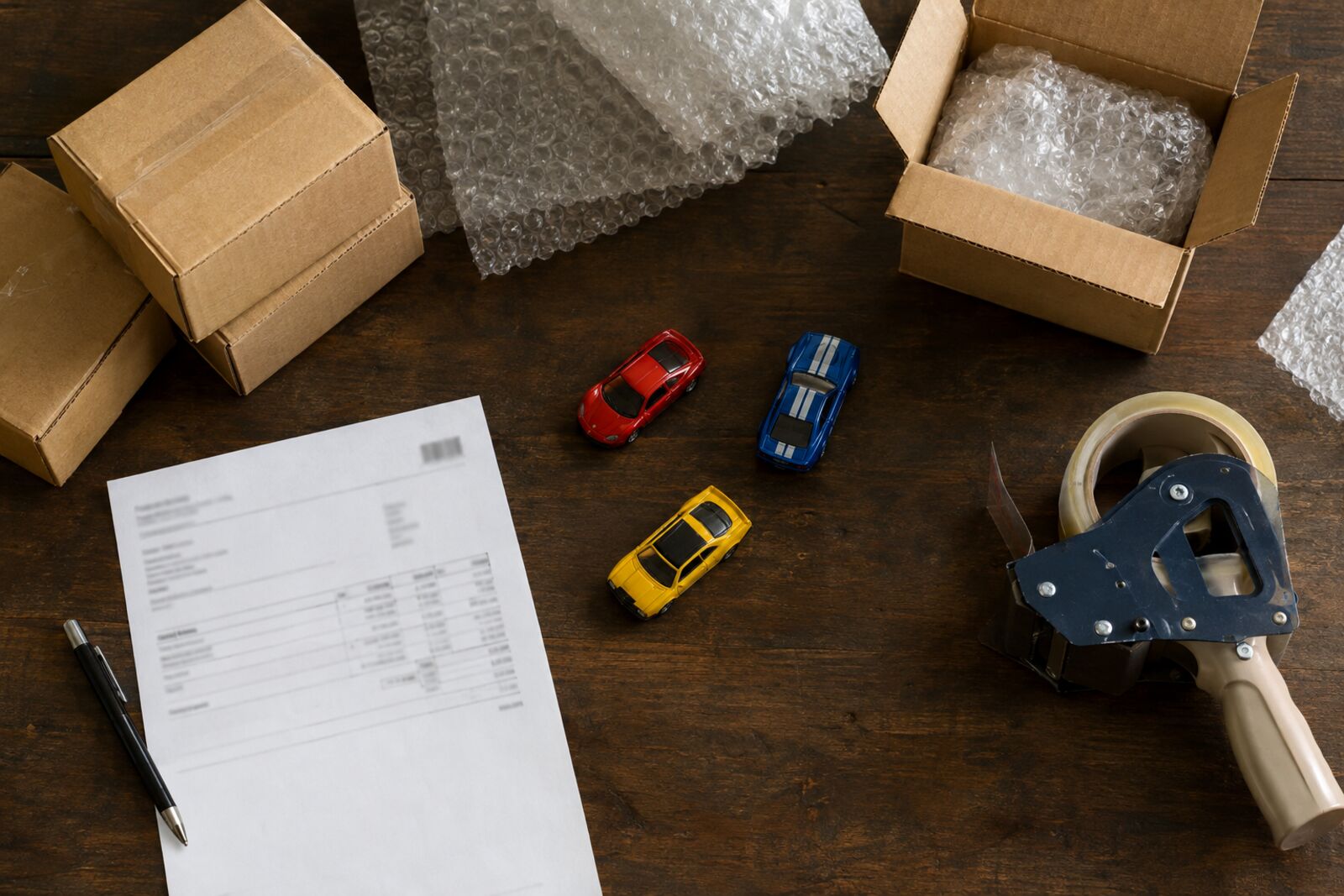Die-cast cars packed for shipping